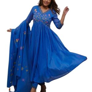 Roohika Women Embroidered Cotton Kurta Set – Elegant Anarkali Kurti, Pant & Dupatta Set for Special Occasions (BLUE)